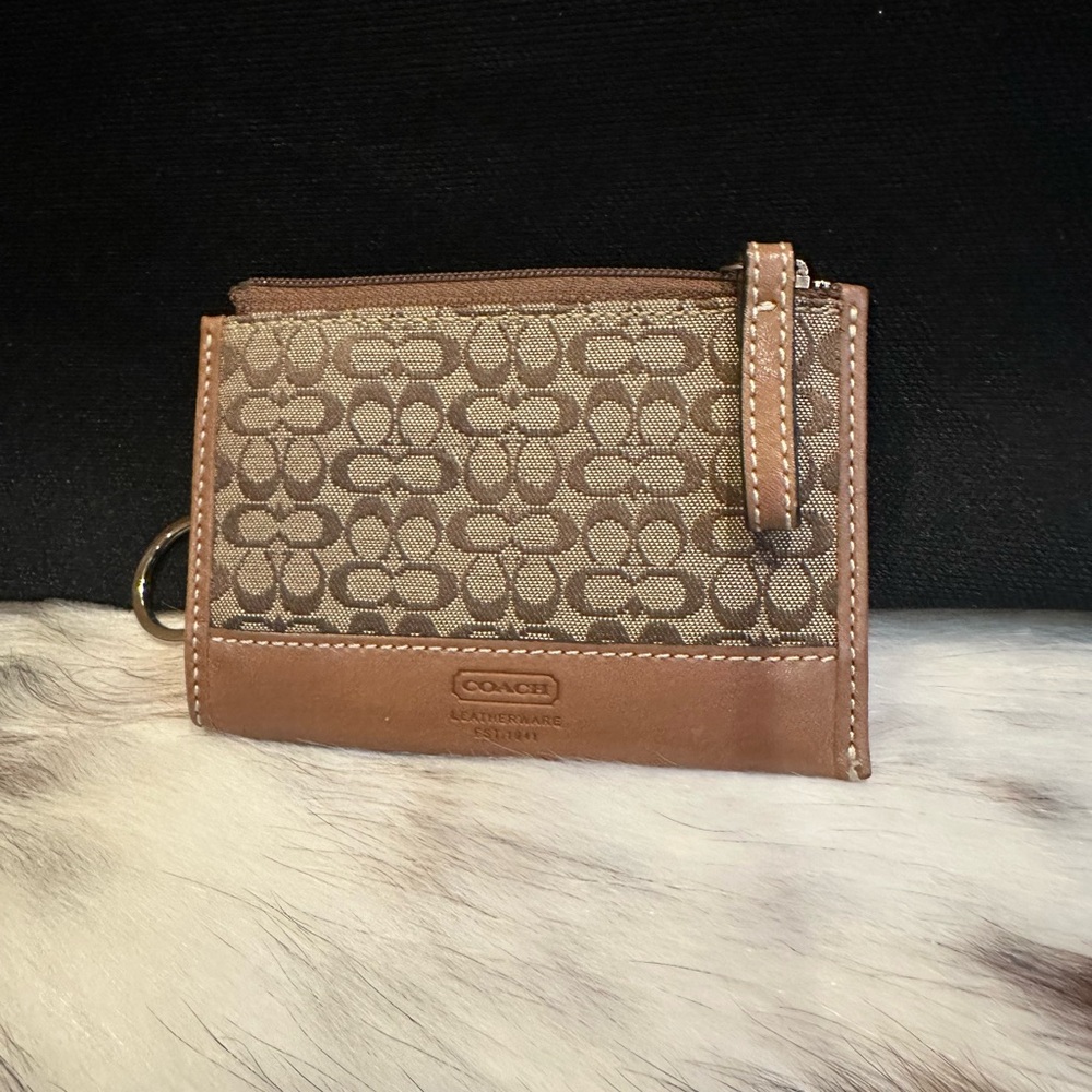 Coach Classic Mini Skinny Signature C ID case & Key Ring card Wallet. Brown/Tan
